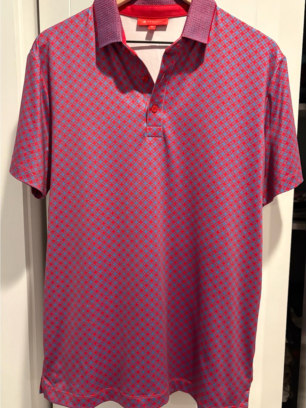 Redvanly Men’s Golf Polo M Red Blue Geometric Performance Stretch